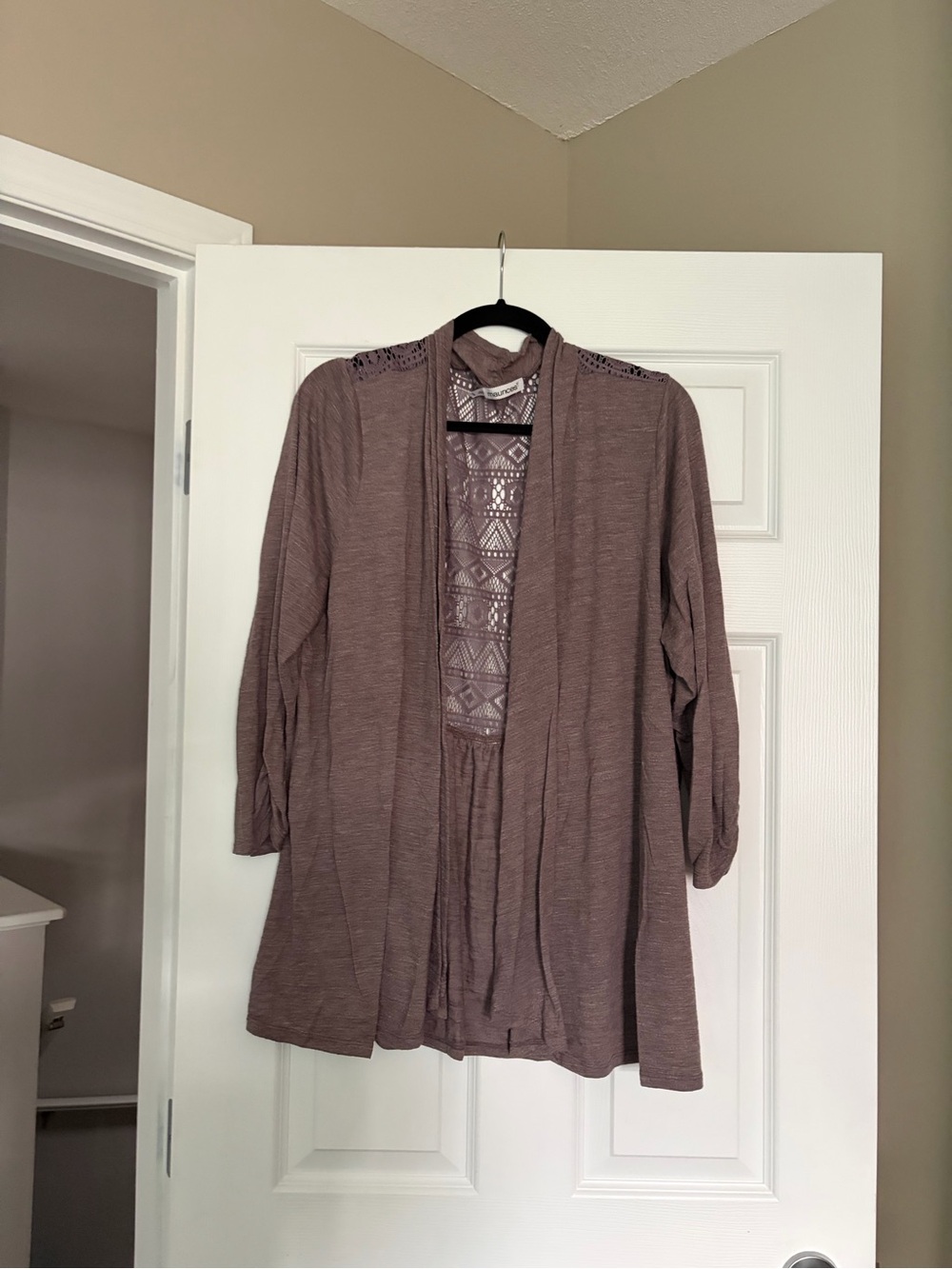 Maurices Mauve Open-Front Crochet-Back Cardigan